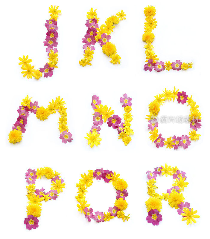 一套美丽的插花与粉红色和黄色真正的鲜花，结合字母J与K L M N O P Q R字母